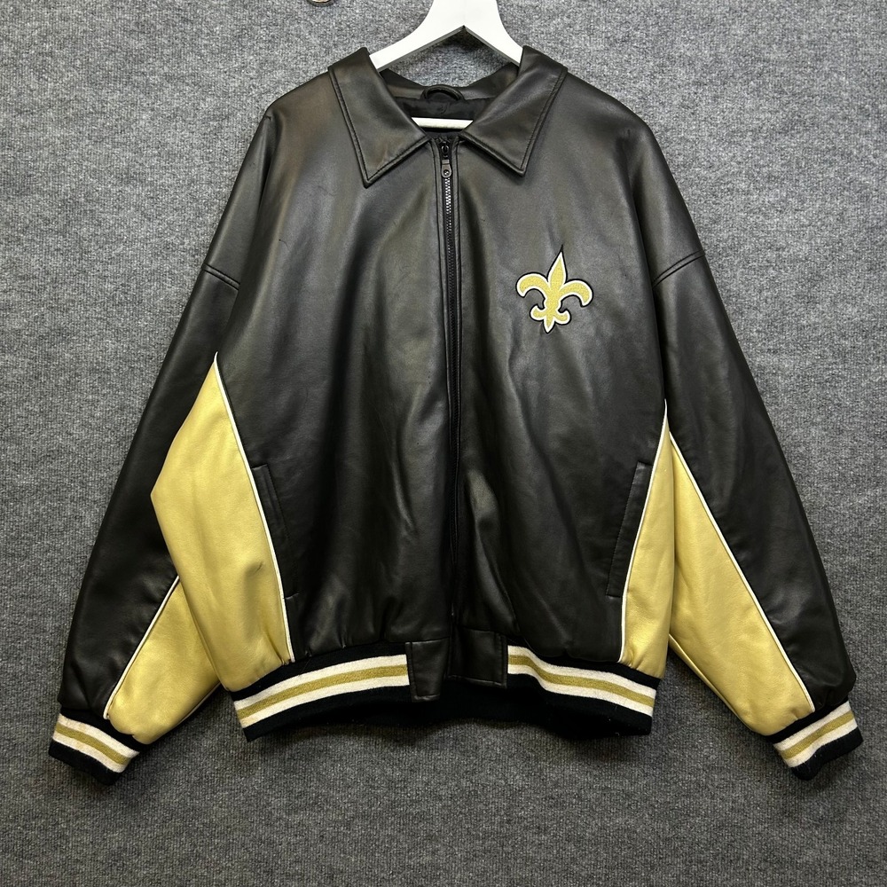 Vtg New Orleans Saints NFL Game Day Bomber Jacket Men's Black Faux Leather - XL